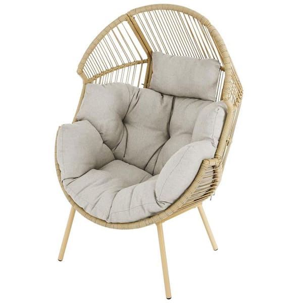 Patio Yellow Wicker Indoor/Outdoor Egg Lounge Chair with Beige Cushions