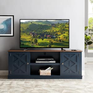 64 in. Navy with Walnut Color Desktop TV Stand for TVs up to 70 in.