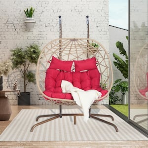 2-Person Outdoor Brown Wicker Porch Swing Egg Chair with Stand and Red Cushion