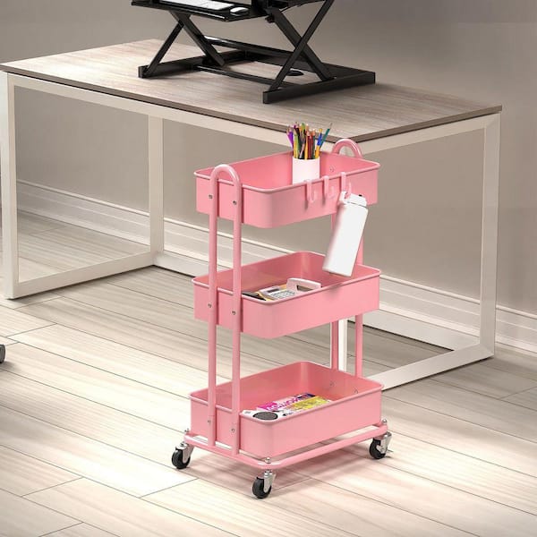 3-Tier Metal -Wheeled Utility Cart in Pink ZCart014 - The Home Depot