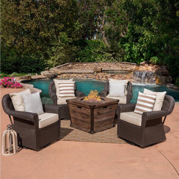 Noble House Blanca Dark Brown 5-Piece Faux Rattan Patio Fire Pit ...