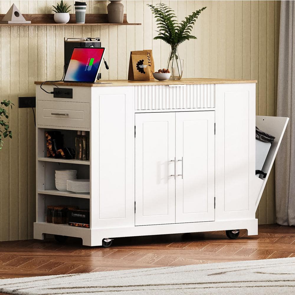 Rolling White Rubber Wood Tabletop 49 in. Kitchen Island with Trash Can Storage, Power Outlet, Open Side Racks