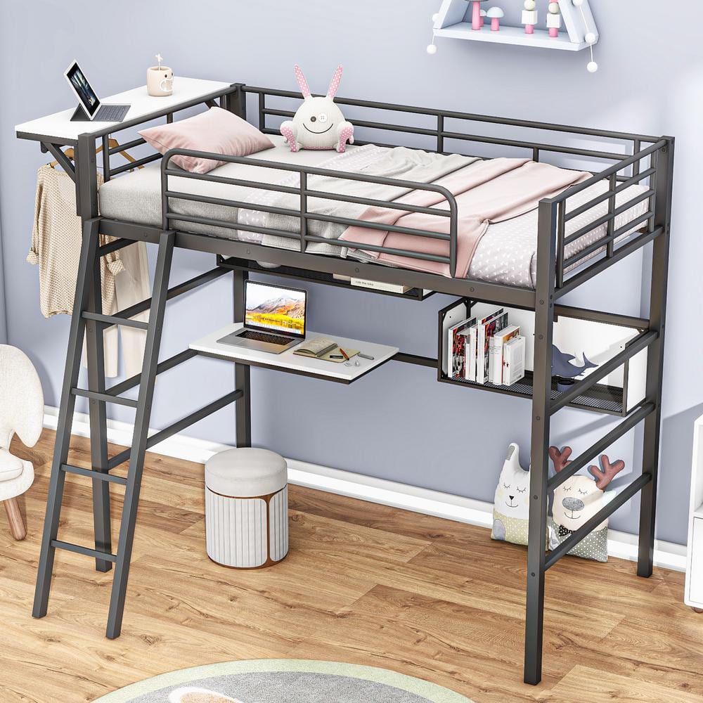 Harper & Bright Designs Black and White Twin Size Metal Loft Bed with 2 ...