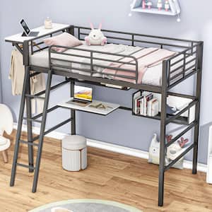 Black and White Twin Size Metal Loft Bed with 2 Shelves, Desk and Hanging Clothes Rack, Bedside Desktop