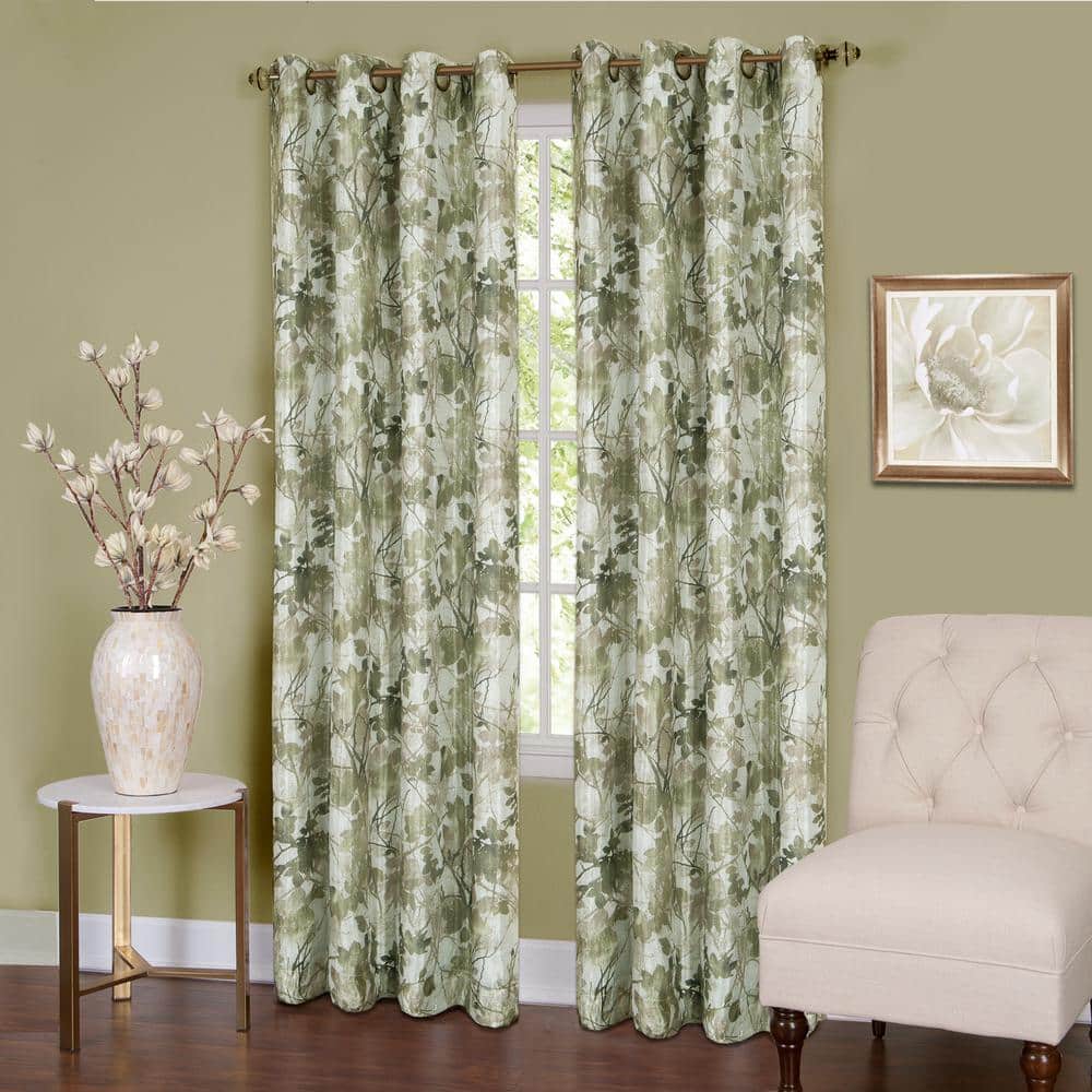 Green Floral Blackout Polyester Grommet Window Curtain Panel, 50 x 63 Inches