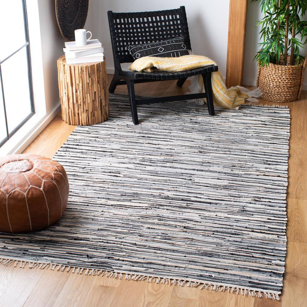 Handmade Black and White Striped Wool Cotton Rug 2' x 3'