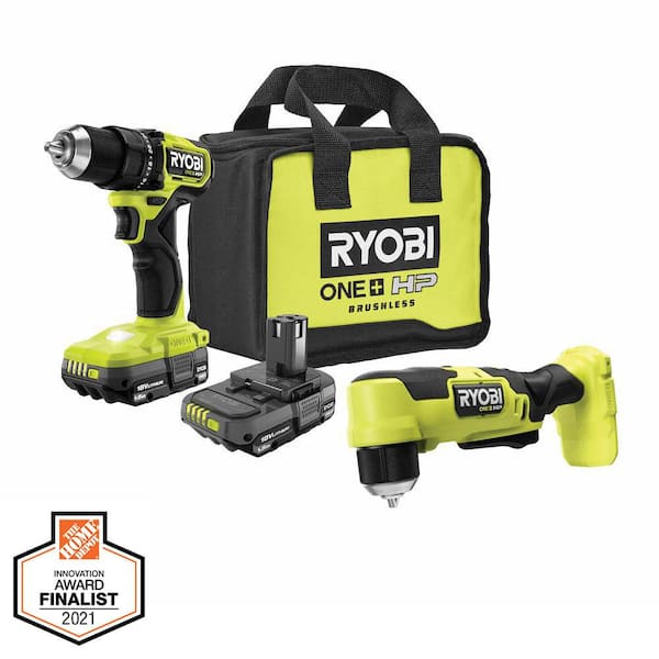 RYOBI PSBDD01K-PSBRA02B ONE+ HP 18V Brushless Cordless Compact 1/2 in. Drill/Driver, 3/8 in. Right Angle Drill, (2) Batteries, Charger, and Bag - 1
