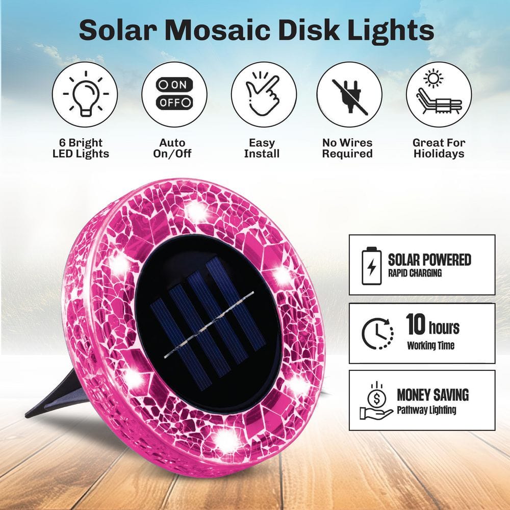 Pink Mosaic Solar LED Pathway Lights with Auto On/Off - 4 Pack