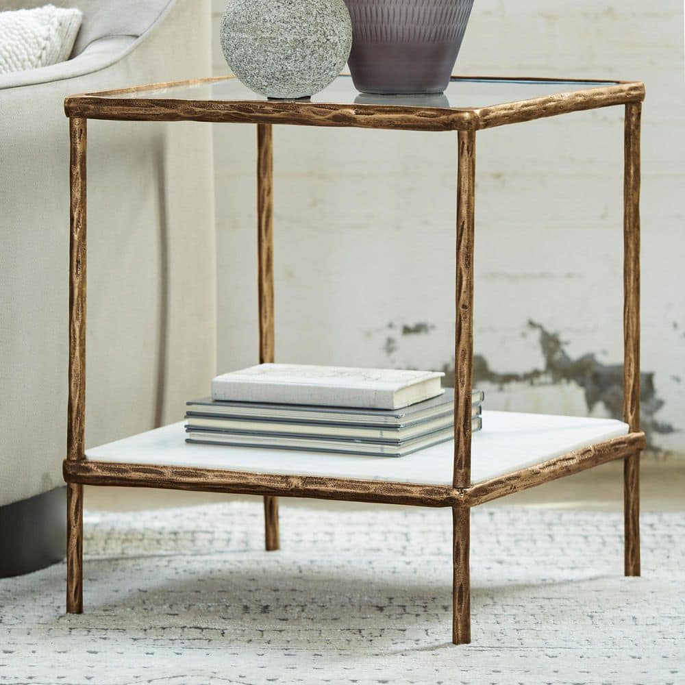 Ryandale 21" Square Antique Brass Accent Table with Glass Top