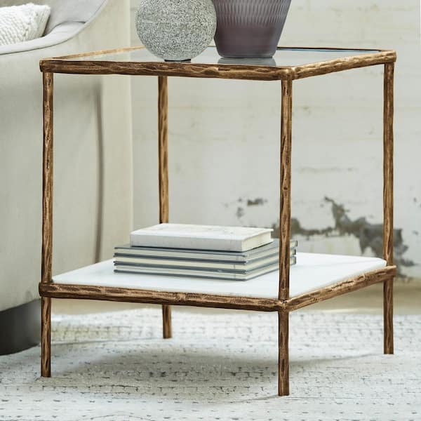 Ryandale 21 in. Antique Brass Square Glass End Table with Marble Shelf