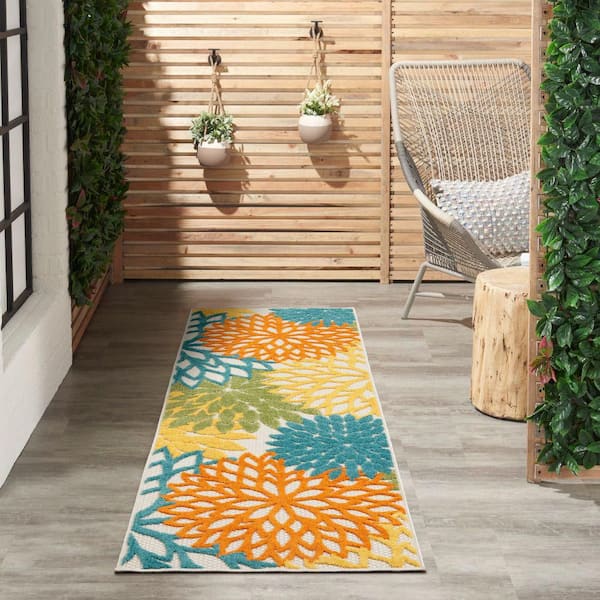 Aloha Turquoise Multicolor 2 ft. x 8 ft. Kitchen Runner Floral Contemporary Indoor/Outdoor Patio Area Rug