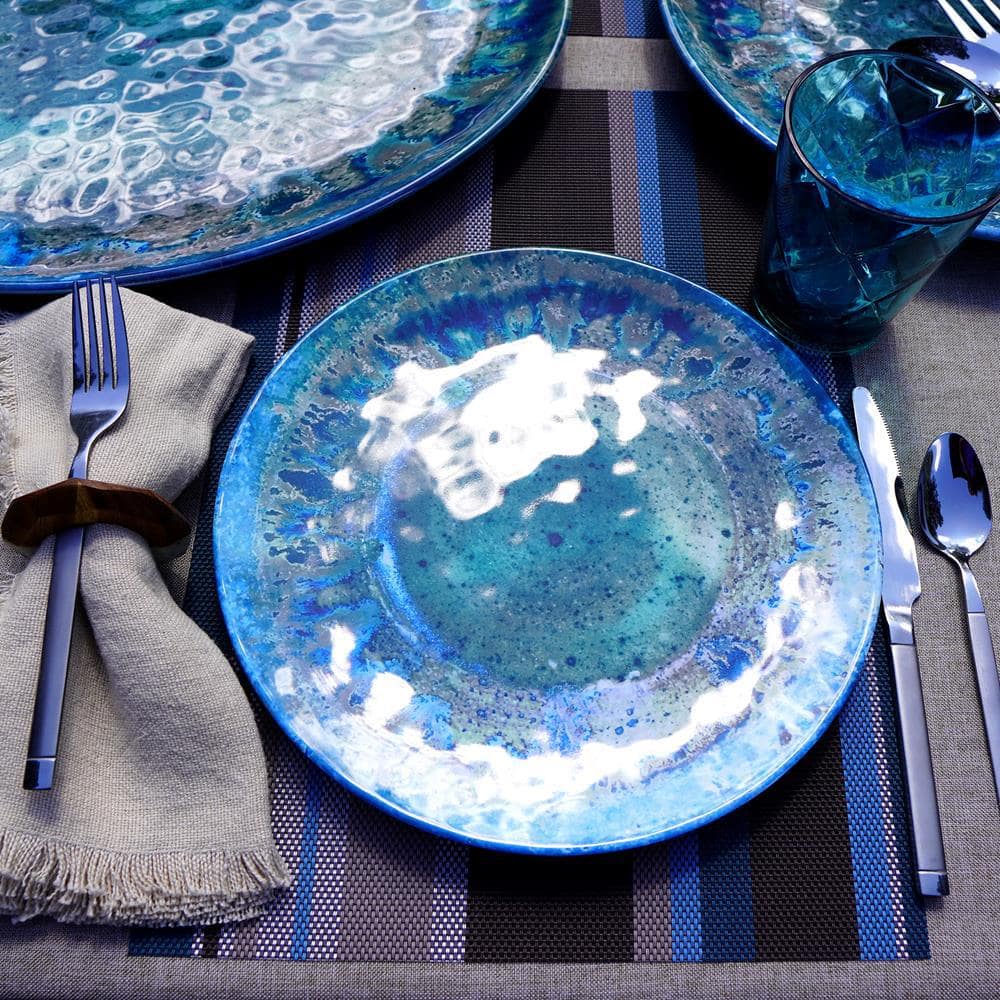 Teal Variegated Glaze Melamine Nautical Dinner Plates, Set of 6