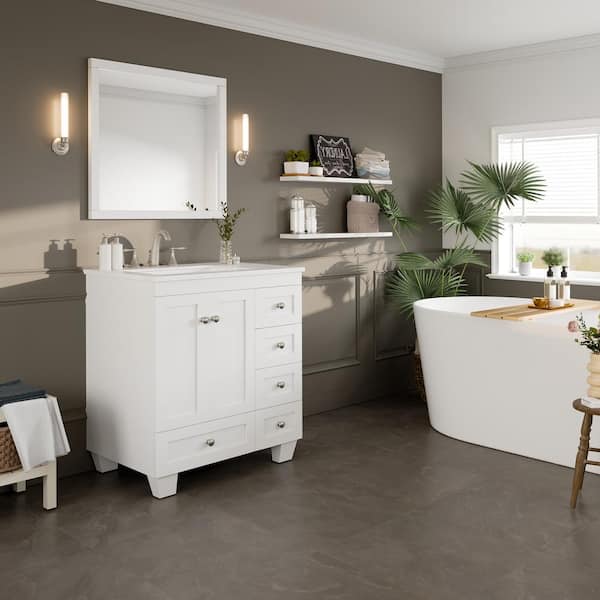 Acclaim 30 in. W x 22 in. D x 34 in. H Bath Vanity in White with White Carrara Marble Vanity Top with White Sink