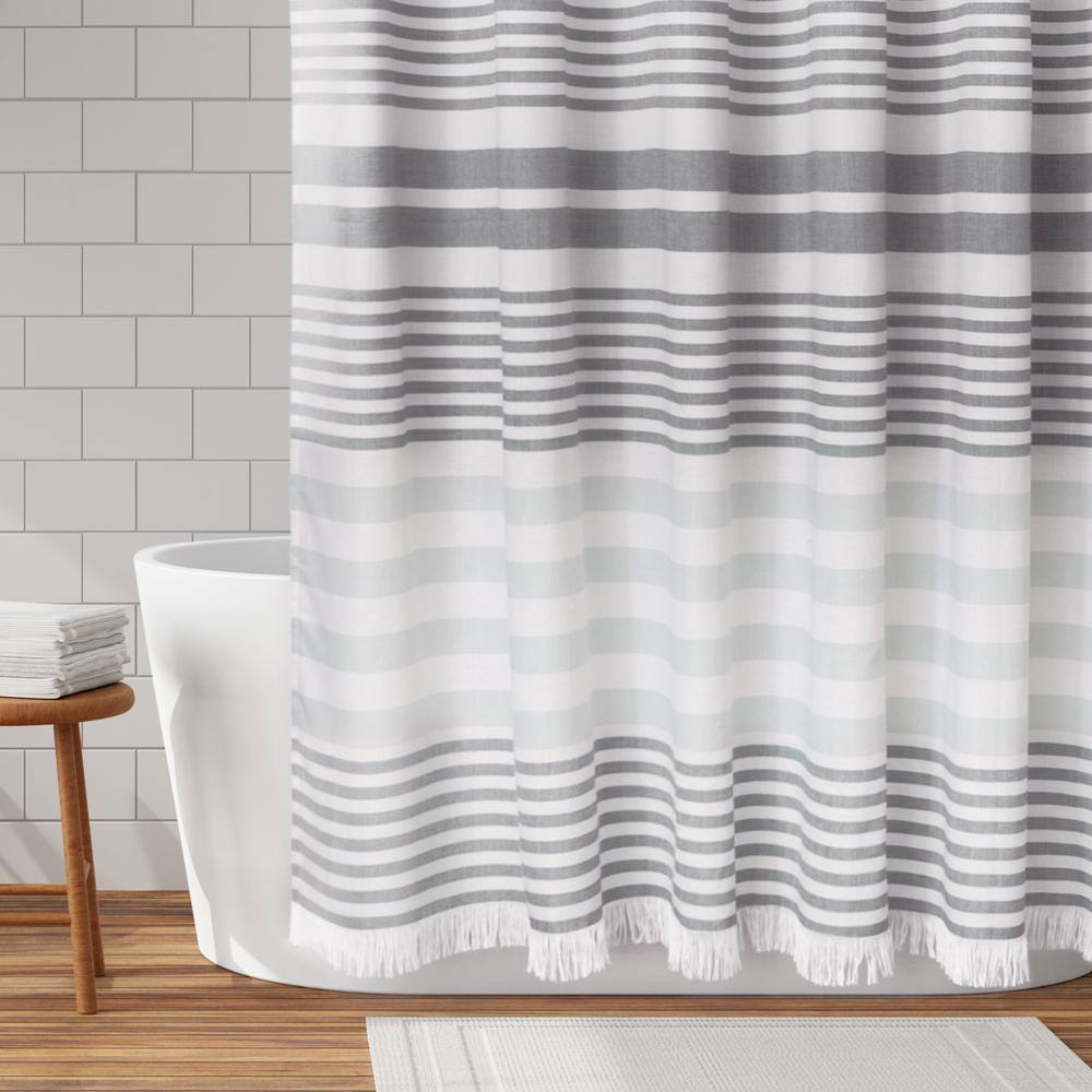 Zenna Home Grey Striped Polyester Shower Curtain with Fringe