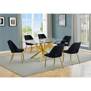Tom 7-Piece Rectangle Glass Top With Gold Stainless Steel Table Set, Seats 6-Black Velvet Chair.