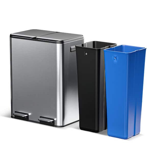 16 Gal. Silver Stainless Steel Dual Recycling Trash Can with Step-On Pedals and Slow Closing Lids, 60 Liters Total
