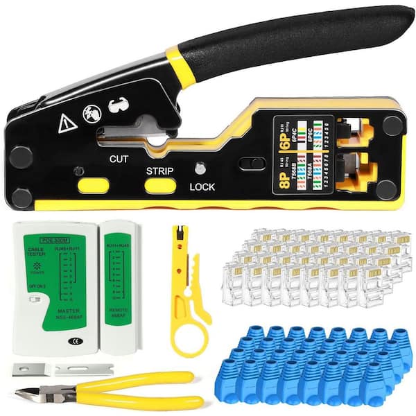 RJ45 Pass Through Ethernet Crimping Tool Kit with Wire Stripper and Cable Tester for CAT6 CAT5e CAT6a