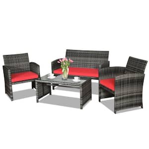 4-Piece Wicker Outdoor Conversation Furniture Set with Red Cushions and Tempered Glass Table