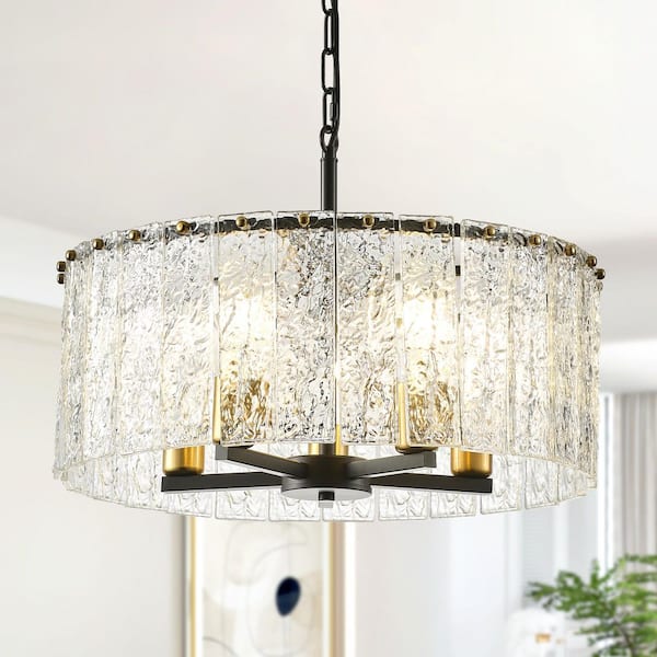 5-Light Black and Brass Farmhouse Height Adjustable Chandelier with Ripple Glass Drum Shade for Kitchen Island