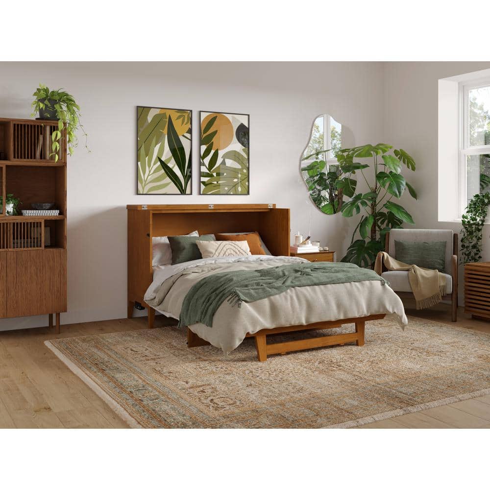 Light Toffee Full Wood Murphy Bed Chest with Mattress and USB Charger