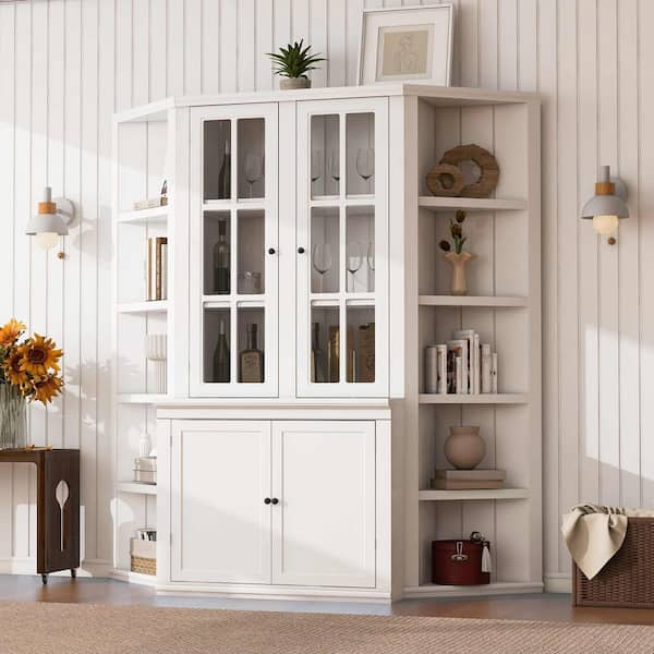 White 75.25 in. Accent Cabinet, Display Cabinet with 2 Triangle Sided Bookshelves, Glass Doors
