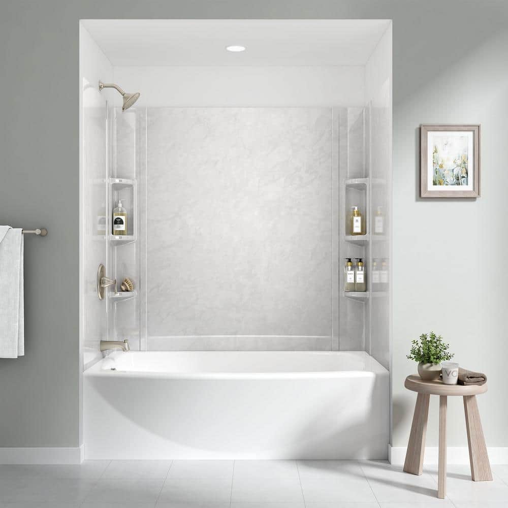 American Standard - Ovation 60 in. W x 59 in. H 5-Piece Glue-Up Alcove Acrylic Bathtub Wall Surround in White Marble