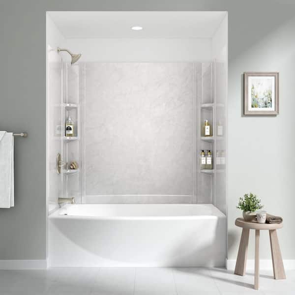 Ovation 60 in. W x 59 in. H 5-Piece Glue-Up Alcove Acrylic Bathtub Wall Surround in White Marble