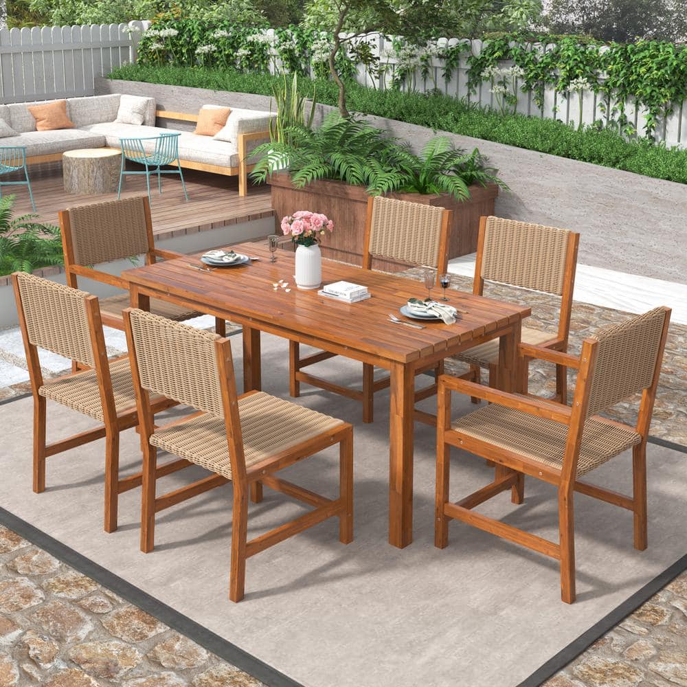 Polibi 7Piece Acacia Wood and Wicker Outdoor Dining Set with 6 Chairs