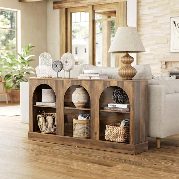 63 in. Rustic Brown Rectangle MDF Console Table with Storage, Farmhouse Entryway Table, Long Sofa Table Behind Couch