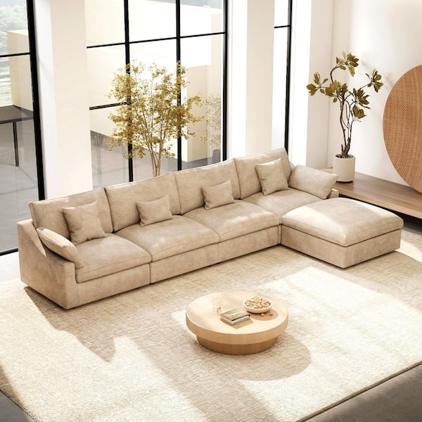 Modular 156 in. Flared Arm Linen Convertible Living Room Sofa with Thick Cushions Ottoman Removable Covers in Khaki