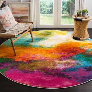 Watercolor Orange/Green 5 ft. x 5 ft. Round Abstract Area Rug