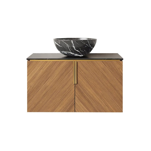30 in. W x 19 in. D x 16 in. H Wall-Mounted Bath Vanity in Oak with Black Sintered Stone Top