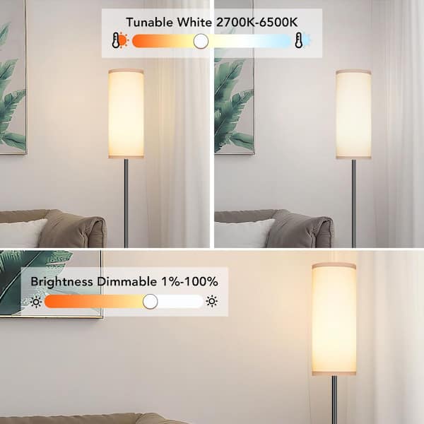 61 in. Black Smart Dimmable Torchiere Floor Lamp with White Linen shade