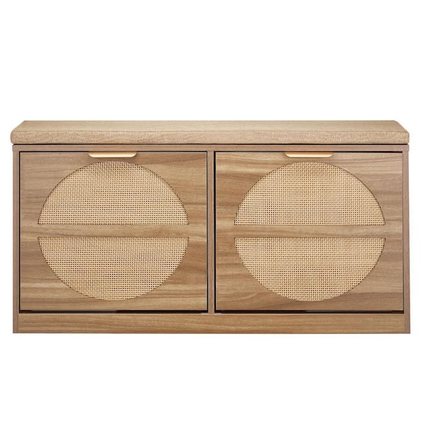 Rattan-Style Shoe Bench with Flip Drawers, Cushion & 4 Compartments, 38.9 x 9.4 x 19.7 in. Natural Wood Dining Chair