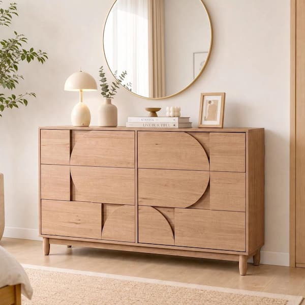 Modern Light Oak Finish 6 Drawers 55.1 in. Wide Bedroom Dresser, MDF Wooden Hallway Chest of Drawers