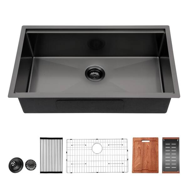cadeninc 33 in. Undermount Single Bowl Workstation 16-Gauge Stainless Steel Kitchen Sink in Gunmetal Black with Accessories
