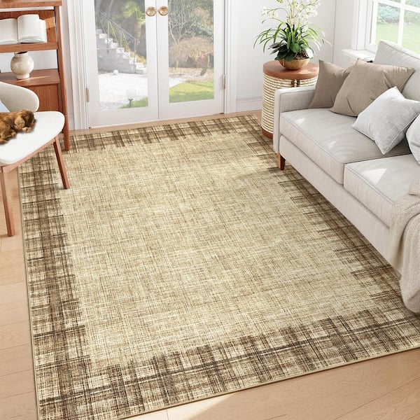 Linen 10 ft. x 13 ft. Non-Slip Border Print Rug Machine Washable Ultra Thin Soft for Bedroom Dining Room Office