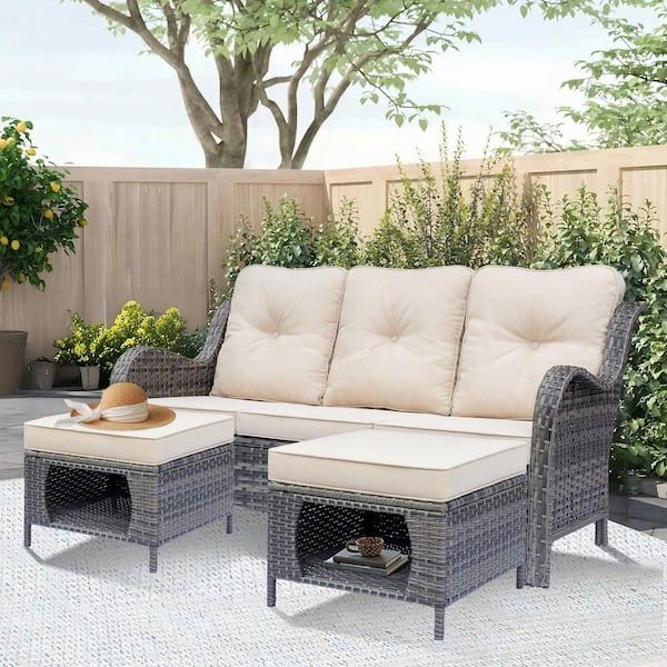 Gray 3-Piece Wicker Outdoor Patio Conversation Seating Sofa Set Couch Ottoman with Light Beige Cushions