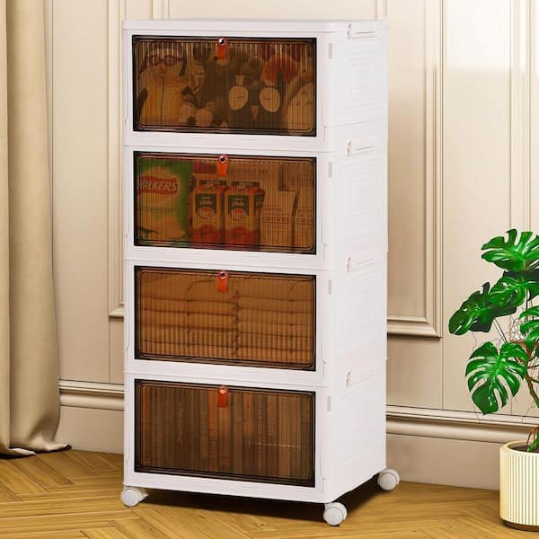 VECELO 4-Tier Stackable Storage Bins W/ Lid, Magnetic Doors & Wheels, Foldable Closet Organizers 32.87 in. White Accent Storage