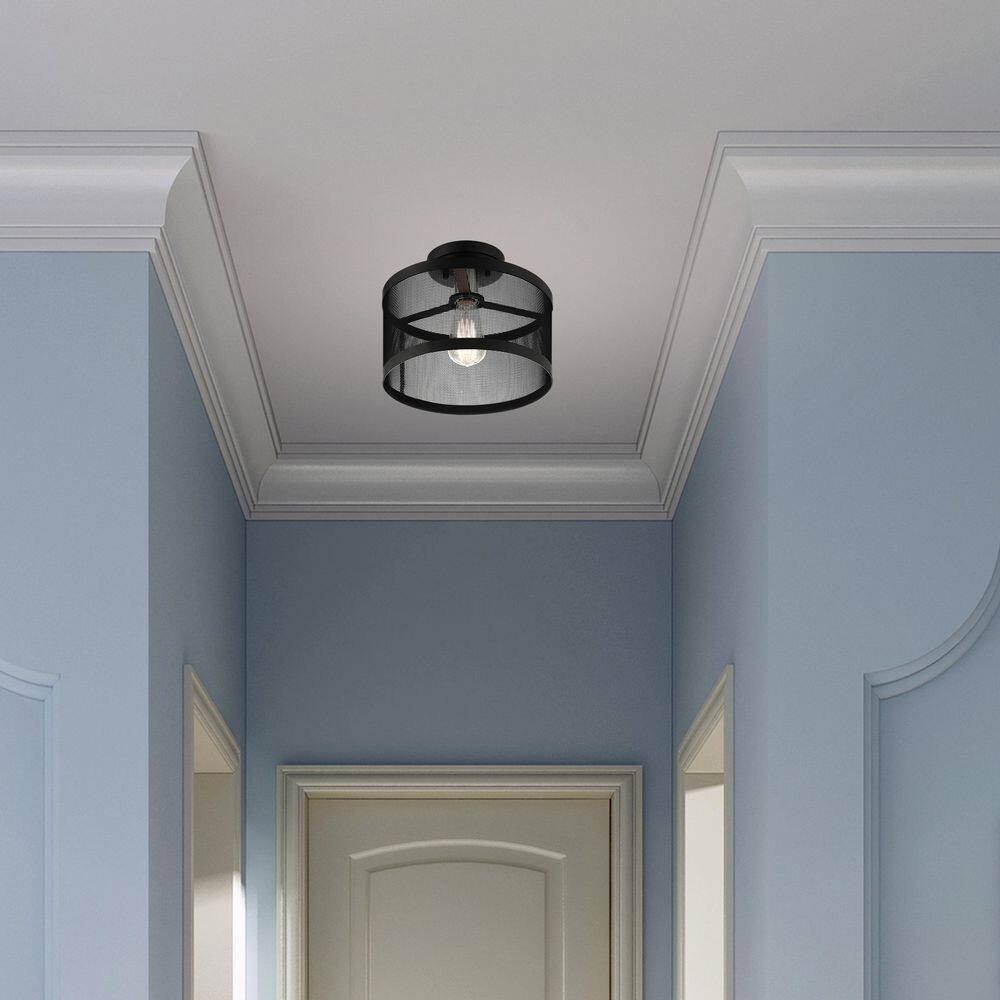 Modern Indoor/Outdoor LED Drum Semi-Flush Mount in Black & Brushed Nickel