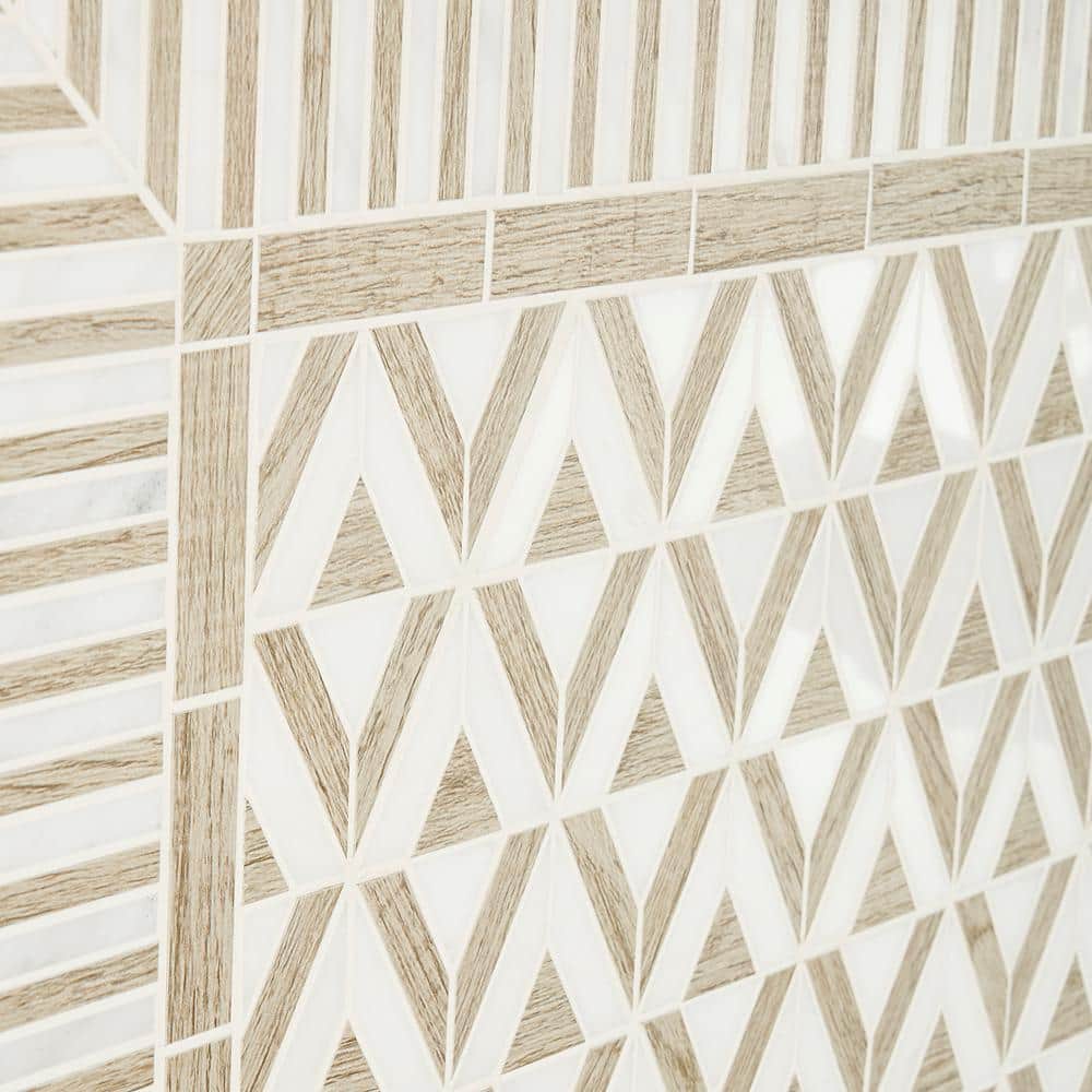 Wooden Beige and White Geometric Marble Mosaic Tile Sheet
