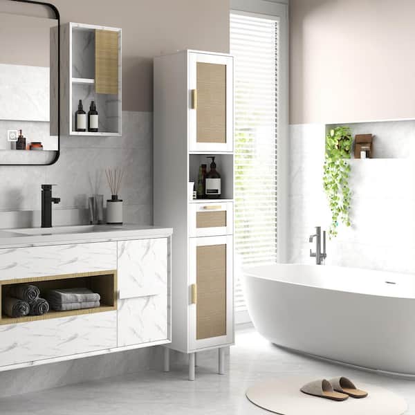 White 66.9 in. Bathroom Storage Accent Cabinet with 2-Cabinets, Shelves, Drawer and Rattan Door