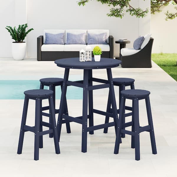 WESTIN OUTDOOR Laguna 5-Piece Bar Height HDPE Plastic Outdoor Patio Round High Top Bistro Dining Set in Navy Blue