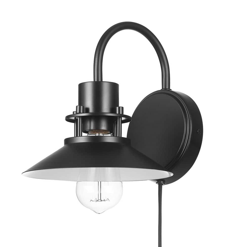 1-Light Matte Black Plug-In or Hardwire Wall Sconce, In-Line On/Off Rocker 