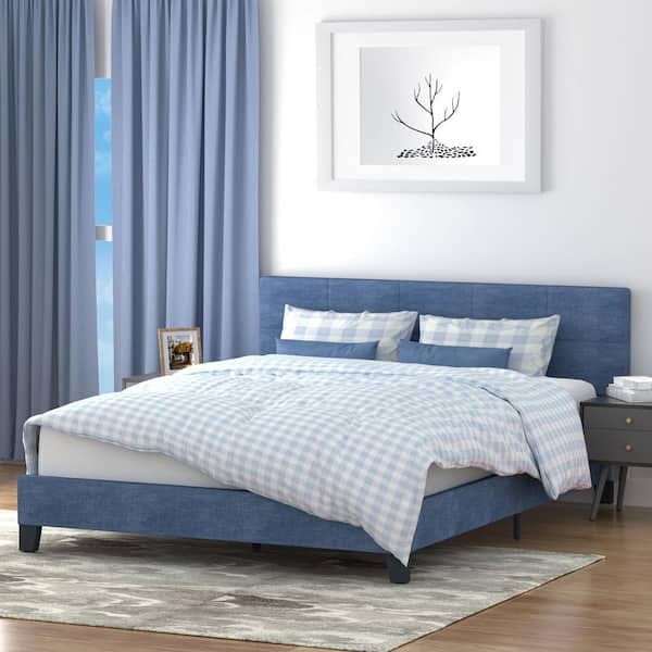 Seafuloy 80.7 in. L x 63 in. W x 35.3in. H Dark Blue Linen Tufted Upholstered Metal Bed Frame with Queen Size