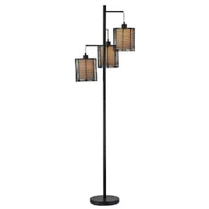 New York 65 in. Tree Black Floor Lamp With Rattan Shade