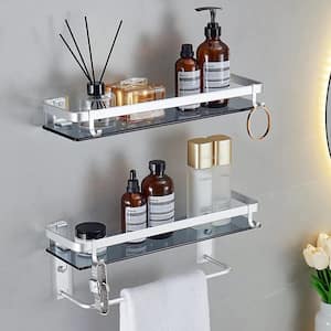 15.74 in. x 5.85 in. H x 4.88 in. D Tempered Glass Rectangular Bathroom Shelf with 4 Removable Hooks in Silver, 2 Pcs