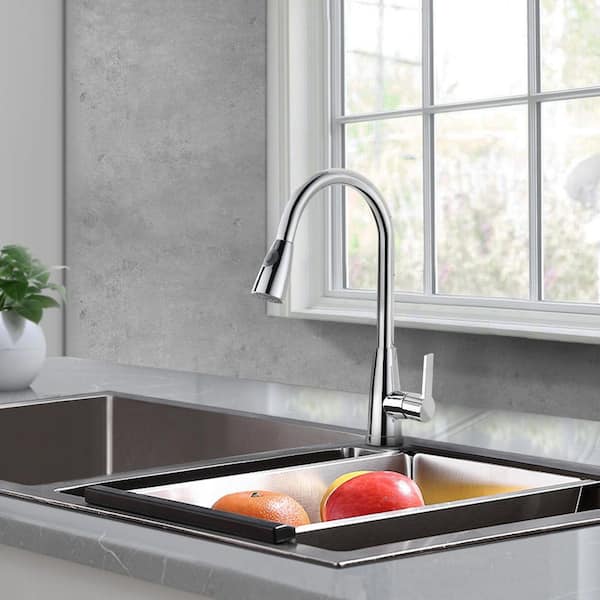 17.12 in. Single Handle 360° Spout Swivel Pull Down Sprayer Kitchen Faucet with Advanced Spray in Polished Chrome