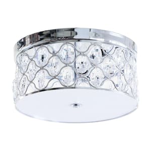 14 in. 3-Light Chrome Drum Shape Flush Mount Light with Crystals