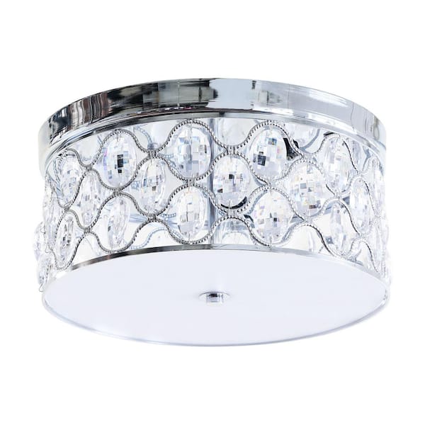 Flint Garden 14 in. 3-Light Chrome Drum Shape Flush Mount Light with Crystals